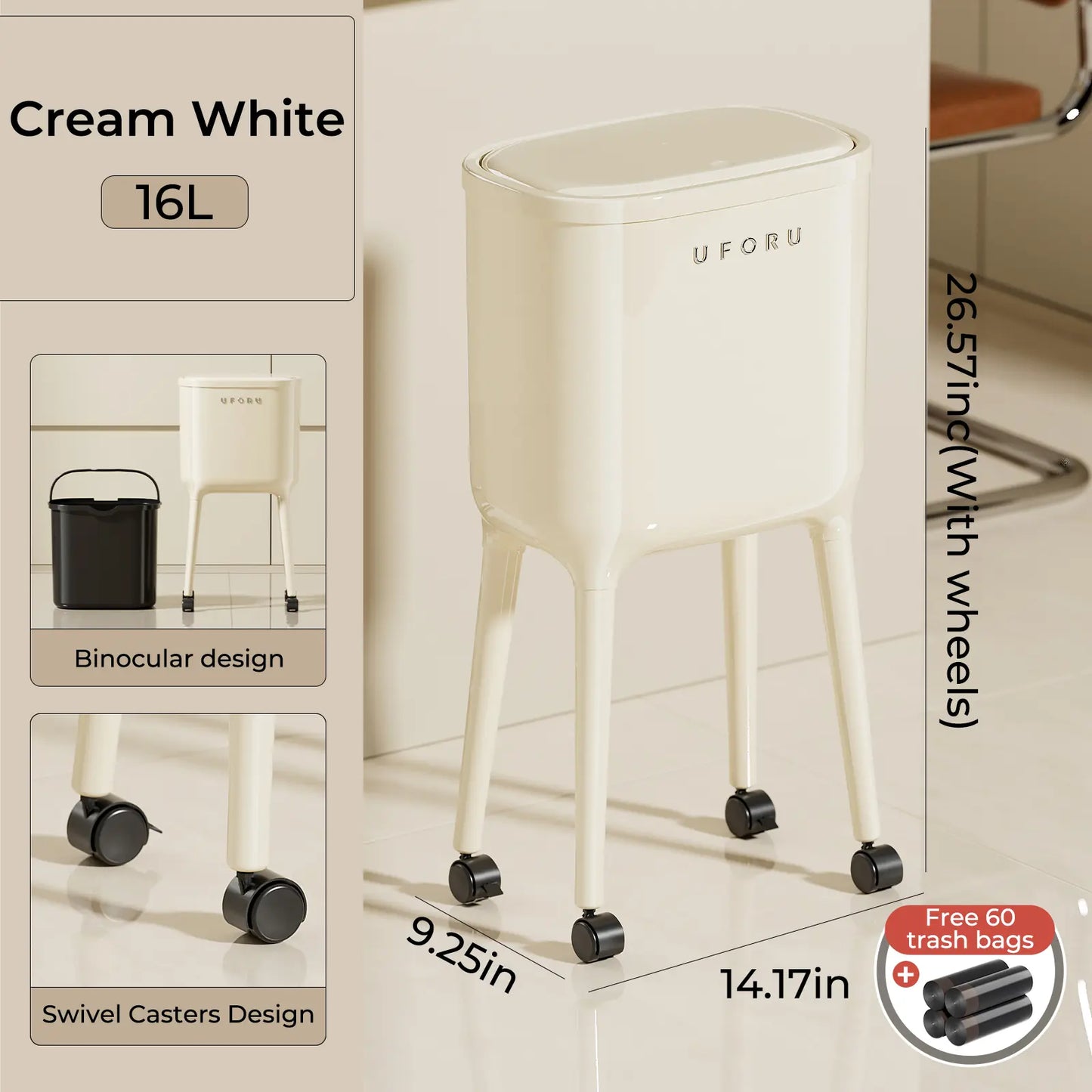 16L Rolling Trash Can with Odor Sealing Lid, Lockable Wheels & Slim Space Saving Design