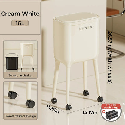 16L Rolling Trash Can with Odor Sealing Lid, Lockable Wheels & Slim Space Saving Design