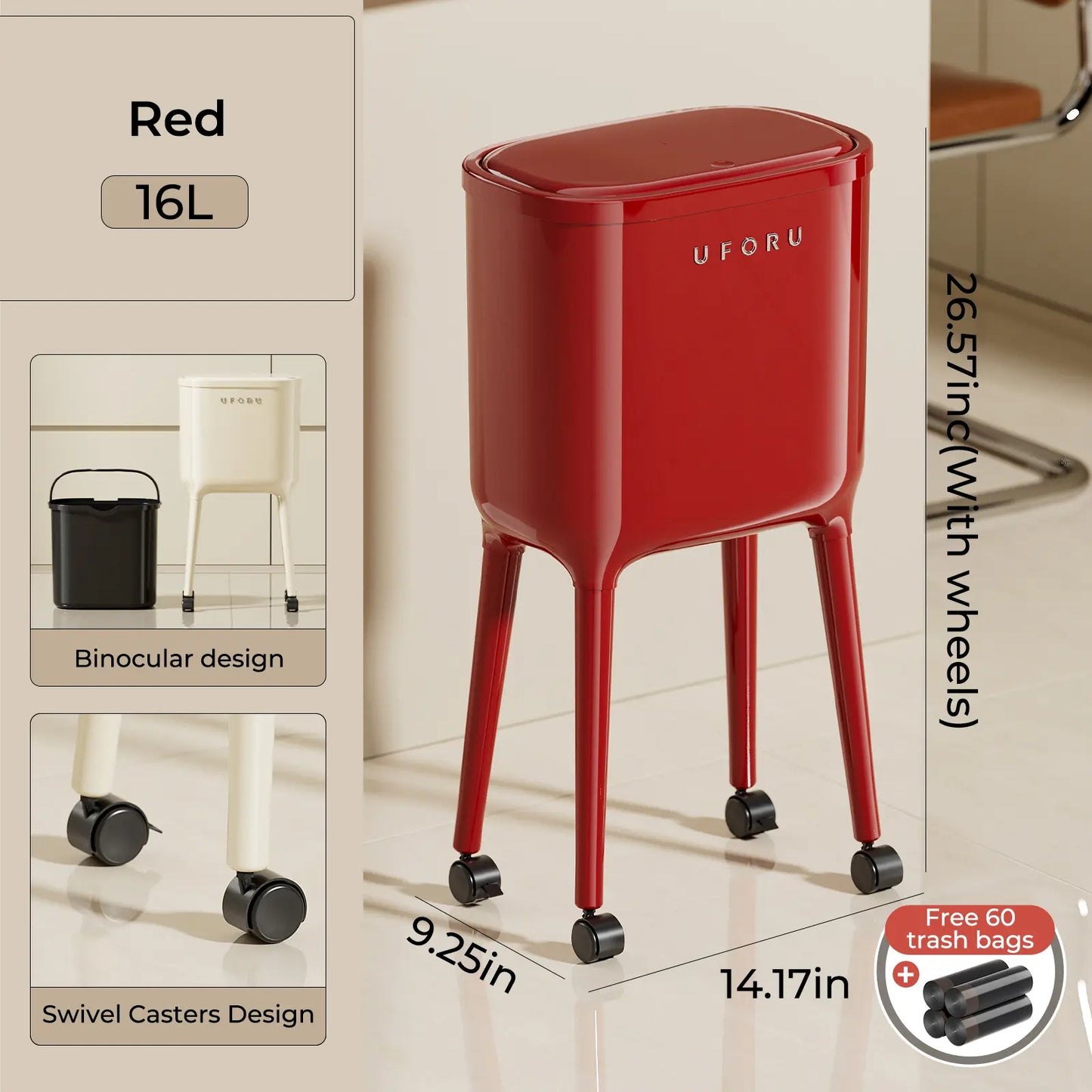 16L Rolling Trash Can with Odor Sealing Lid, Lockable Wheels & Slim Space Saving Design