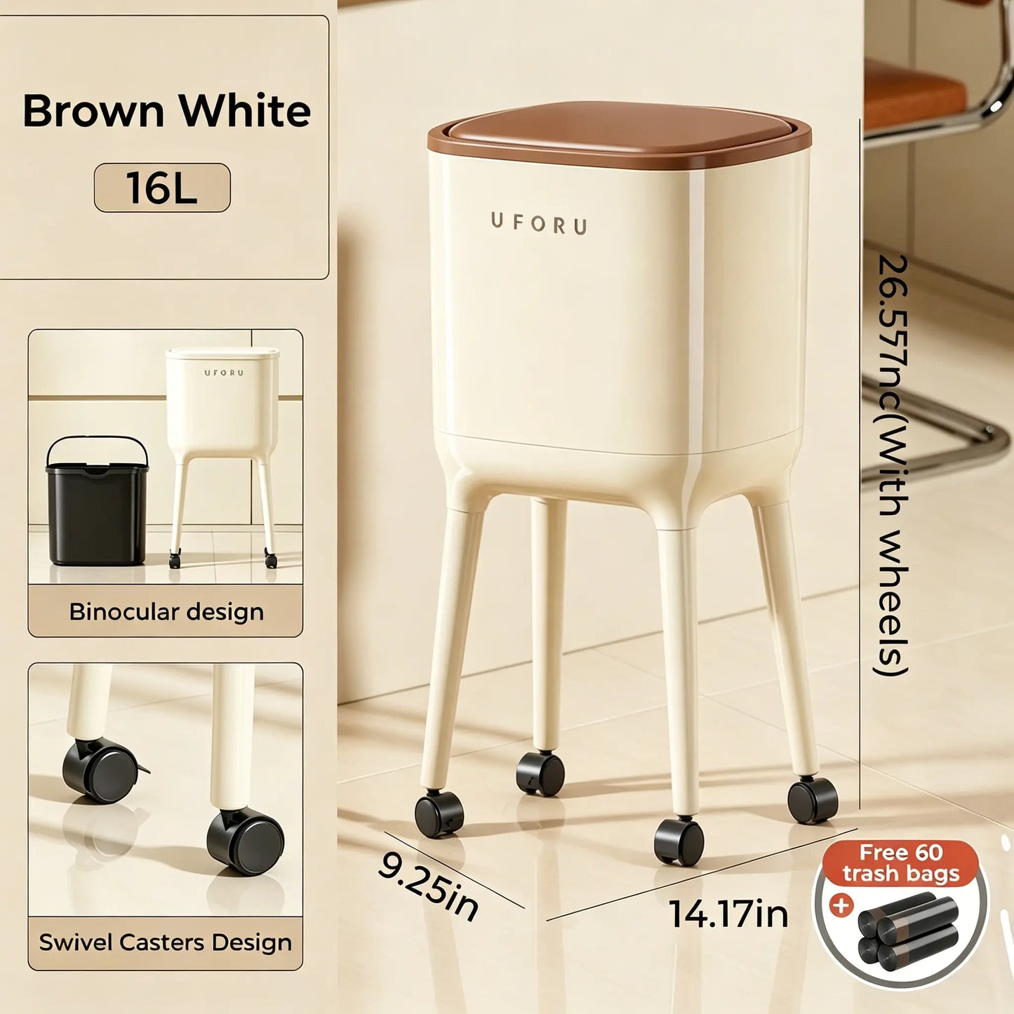 16L Rolling Trash Can with Odor Sealing Lid, Lockable Wheels & Slim Space Saving Design