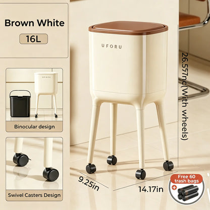 16L Rolling Trash Can with Odor Sealing Lid, Lockable Wheels & Slim Space Saving Design