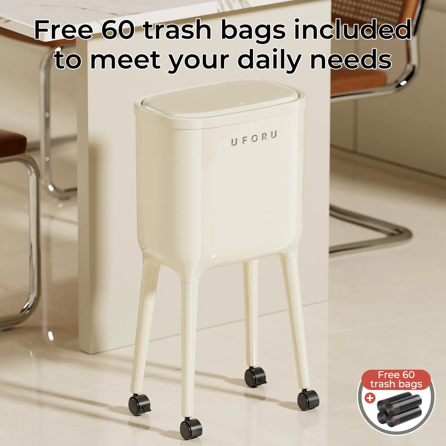 16L Rolling Trash Can with Odor Sealing Lid, Lockable Wheels & Slim Space Saving Design