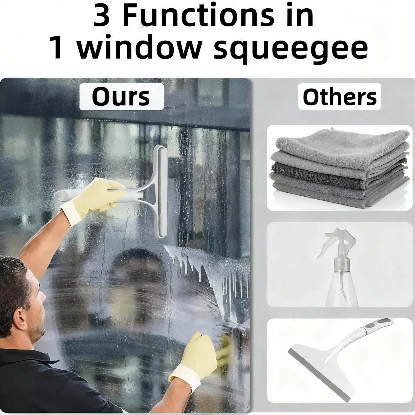 3 In 1 Window Cleaning Tool with Spray Bottle, Squeegee & Microfiber Scrubber