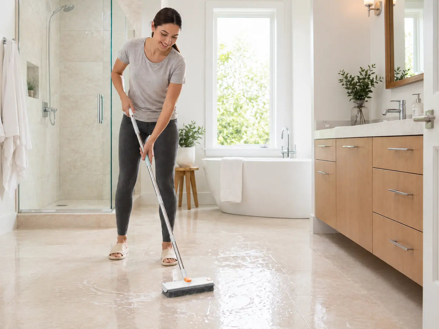 Heavy Duty Floor Cleaning Brush with Long Handle, Scrubber & Scraper
