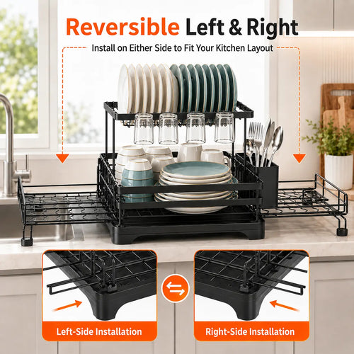 Foldable Over Sink Dish Drying Rack with Pull Out 2 Tier Storage Design