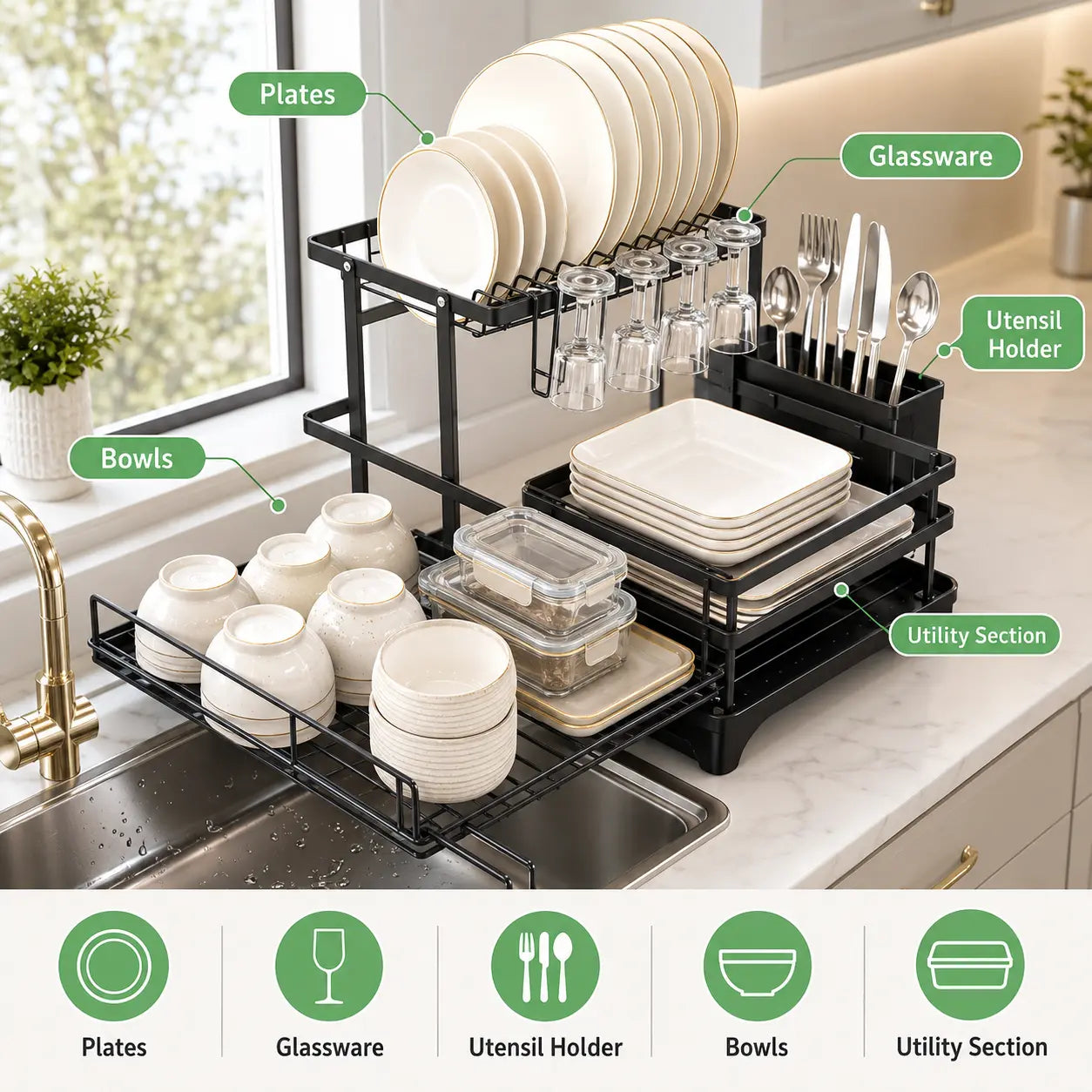 Foldable Over Sink Dish Drying Rack with Pull Out 2 Tier Storage Design