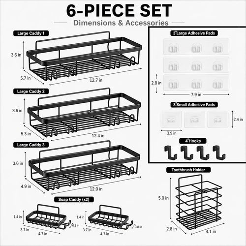 6 Pack No Drill Shower Caddy Set with Rust Resistant Bathroom Storage