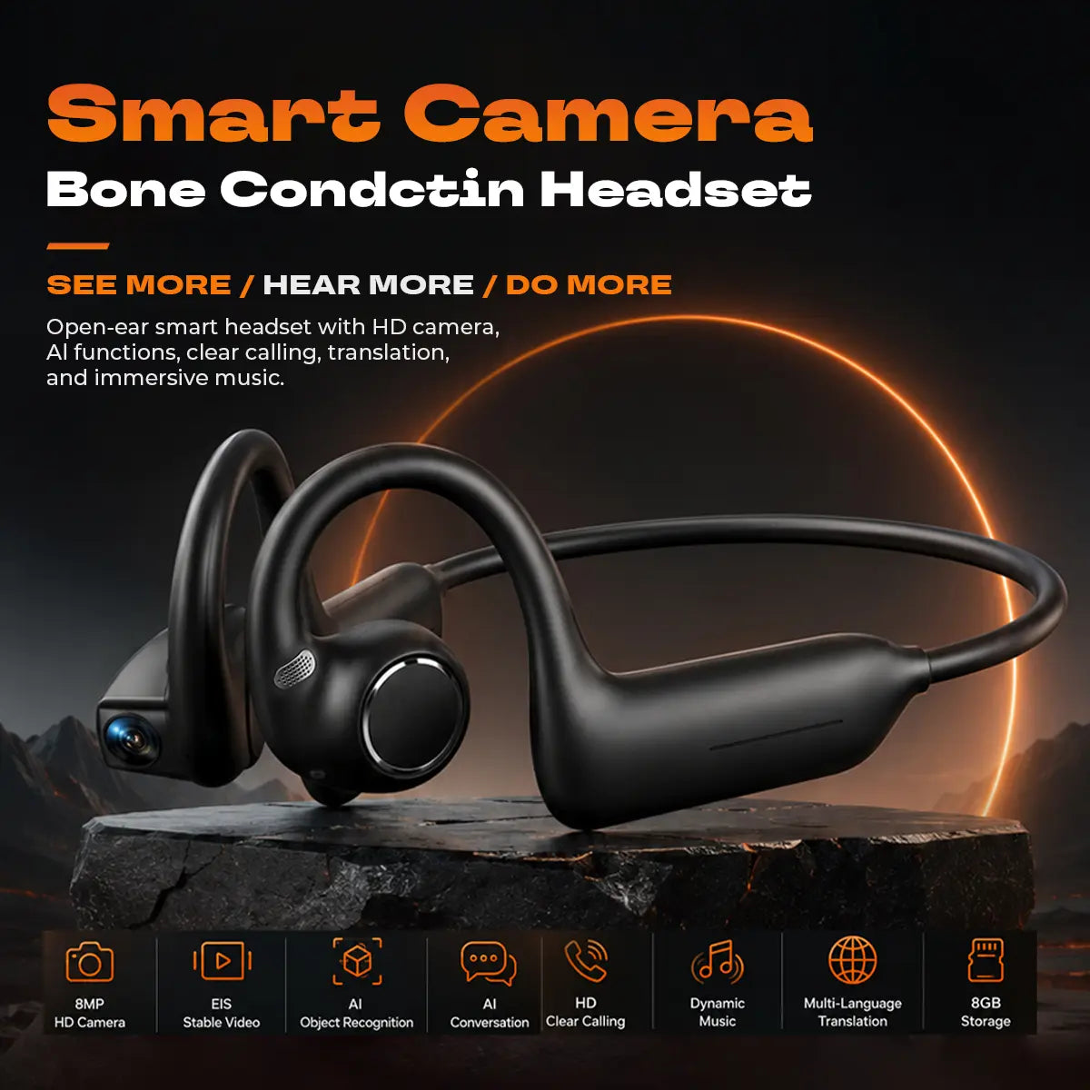 Bone Conduction Smart Headphones with 8MP Camera, Instant Translation & IP65 Waterproof