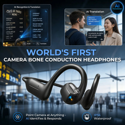 Bone Conduction Smart Headphones with 8MP Camera, Instant Translation & IP65 Waterproof